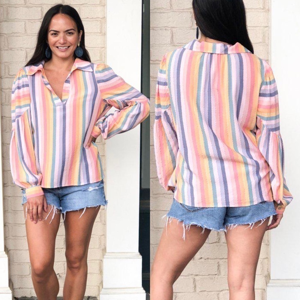 Self Contrast Rainbow Metallic Striped V-Neck Long Sleeve Blouse